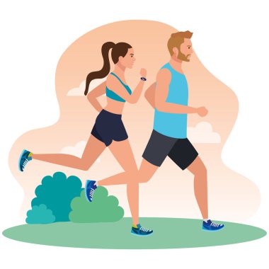 Manzarada koşan çift, spor giyinen kadın ve erkek, sporcu insanlar, sporcu insanlar.