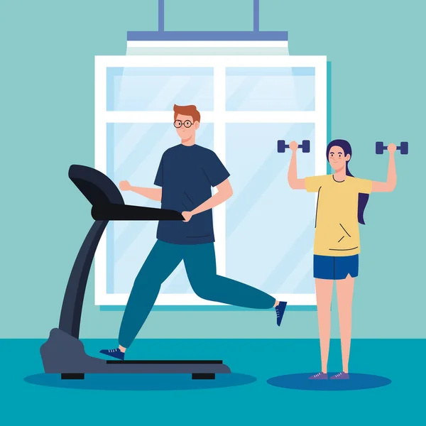 Ejercicio en casa, pareja practicando ejercicio, utilizando la casa como gimnasio — Archivo Imágenes Vectoriales
