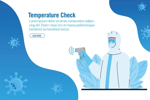Desinfecção, pessoa em traje de proteção viral, com termômetro infravermelho digital sem contato — Vetor de Stock