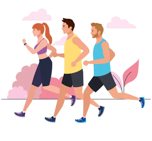 Hombres y mujeres corriendo en el paisaje, personas en jogging ropa deportiva, personas atleta, deportistas — Vector de stock