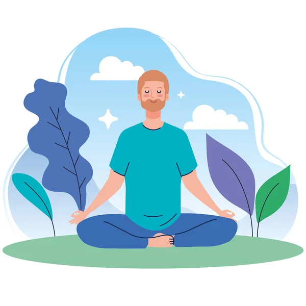 Uomo meditando in natura e foglie, concetto di yoga, meditazione, relax, stile di vita sano — Vettoriale Stock