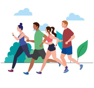 Manzarada koşan insanlar, spor kıyafetlerinde koşan grup üyeleri, sporcular, sporcular.