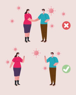 Sosyal uzaklık yanlış ve doğru şekilde yapılır, insanlar güvenli mesafeyi korur, koronavirüsü önler.