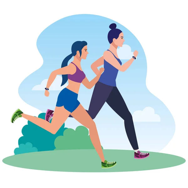 Kobiety biegające w krajobrazie, kobiety biegające w odzieży sportowej, sportowiec, sportowcy — Wektor stockowy