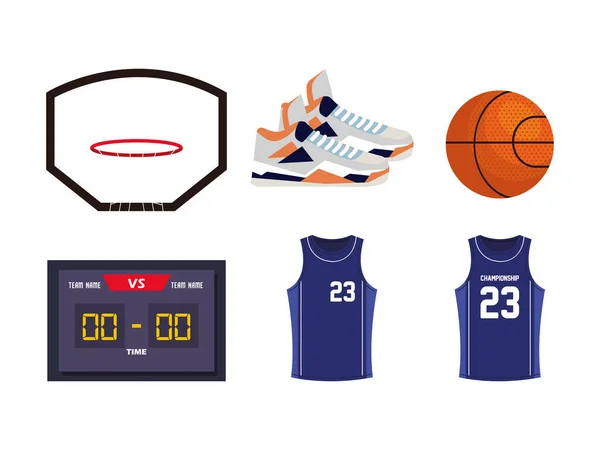 Set von Basketball-Symbolen, enthält solche Symbole wie Körbe Korb, Schuhe, Ball, Score Board, Hemden — Stockvektor