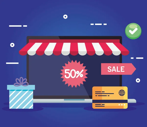 Compras on-line no site ou celular, marketing conceitual e marketing digital em laptop com desconto e cartão de crédito —  Vetores de Stock