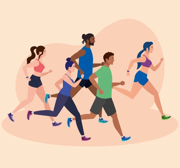 Pessoas correndo, pessoas de grupo em sportswear jogging, pessoas atleta, pessoas desportivas — Vetor de Stock