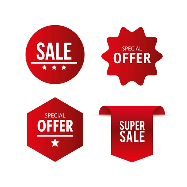 Ετικέτες τιμών, συλλογή κόκκινο κορδέλα πανό, προώθηση της πώλησης, αυτοκόλλητα ιστοσελίδα, ειδικές προσφορές — Διανυσματικό Αρχείο