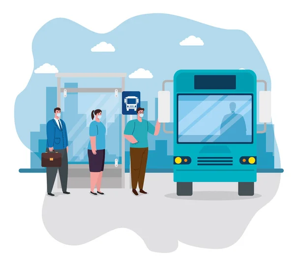 Social distancing with people in bus station, passenger waiting bus stop, city community transport with diverse commuters together, prevention coronavirus covid 19 — Stock Vector
