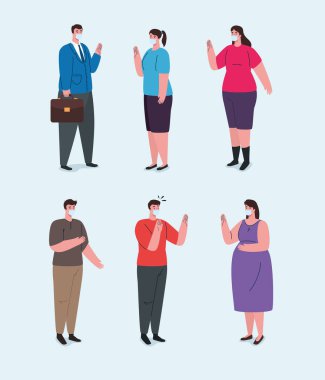 Sosyal mesafeler, toplumsal toplumdaki mesafeyi koru. Koronavirüse karşı tıbbi maske takan insanlar.