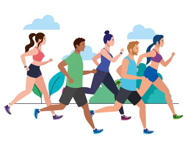 Les gens qui courent dans le paysage, les personnes de groupe dans le jogging de vêtements de sport, les athlètes, les personnes sportives — Image vectorielle