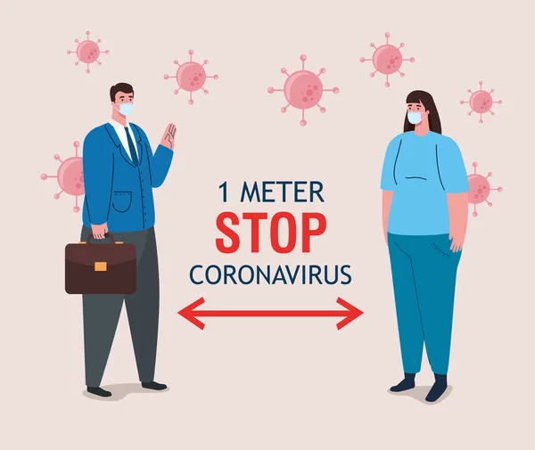 Distanza sociale, fermare coronavirus un metro di distanza, mantenere la distanza nella società pubblica per le persone proteggono da covid 19, coppia indossando maschera medica contro coronavirus — Vettoriale Stock