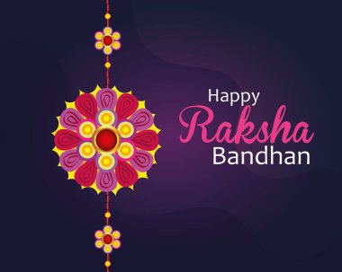 Raksha Bandhan için dekoratif rakhi ile tebrik kartı, kardeş bağlama kutlaması için Hint festivali, bağlayıcı ilişki