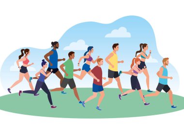 Manzarada koşan insanlar, spor kıyafetlerinde koşan grup üyeleri, sporcular, sporcular.