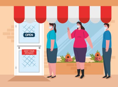 İnsanlar alışveriş kuyruğu, sosyal uzaklık, önleme önlemi, kendinizi korumak için adımlar, mesafeyi korumak, koronavirüsü önleme, covid 19