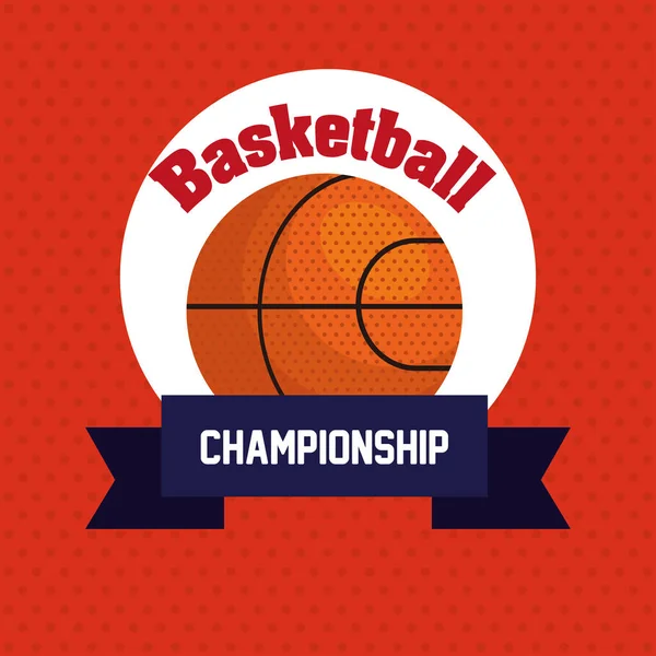Campeonato de basquete, emblema, design com bola de basquete, com decoração de fita —  Vetores de Stock