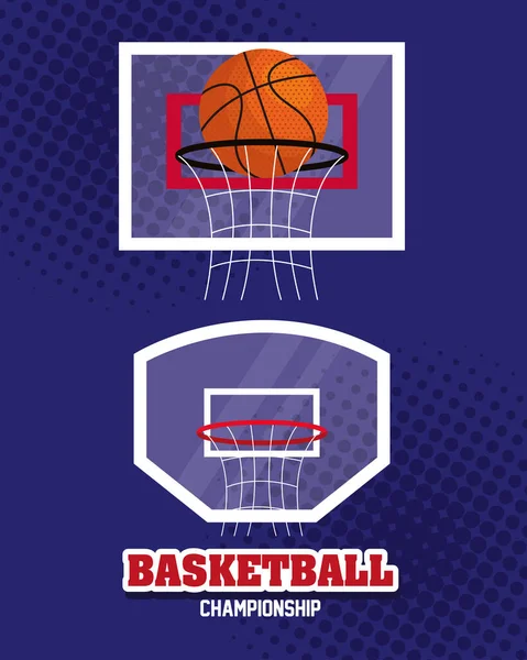 Conjunto de etiquetas, campeonato de basquete, emblema, design de basquete e cesta de aro — Vetor de Stock