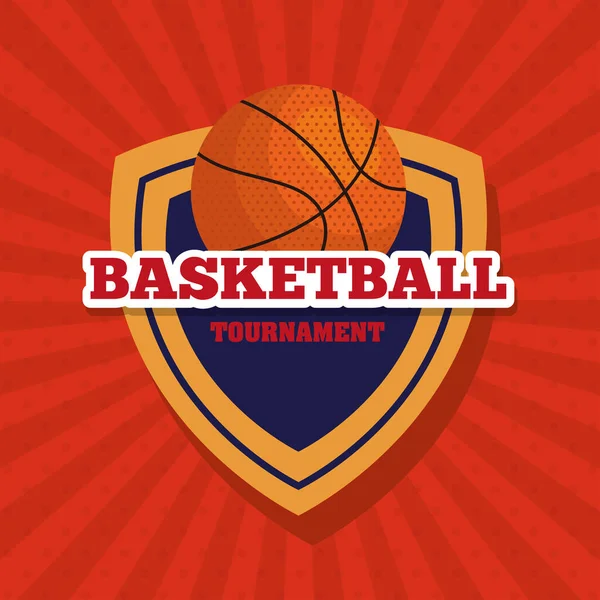 バスケットボールトーナメントエンブレムバスケットボールボールとボールと盾のデザイン — ストックベクタ