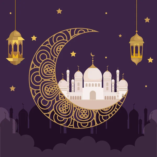 Eid al adha mubarak, festa de sacrifício feliz, com lanternas douradas penduradas decoração, lua e monumentos tradicionais — Vetor de Stock