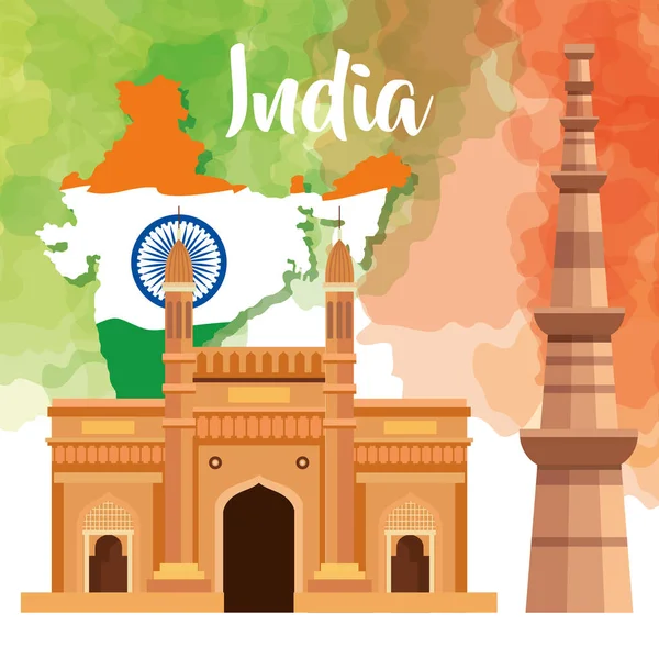 印度著名名胜古迹，背景为独立日快乐，地图上印加人轮 — 图库矢量图片