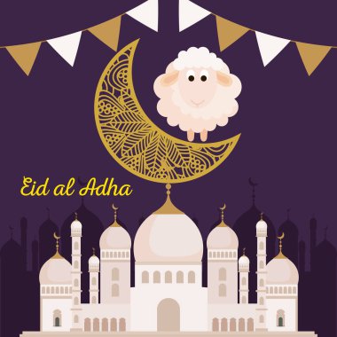 celebration of muslim community festival eid al adha, card with sacrificial sheep and traditional monument, moon and garlands hanging clipart