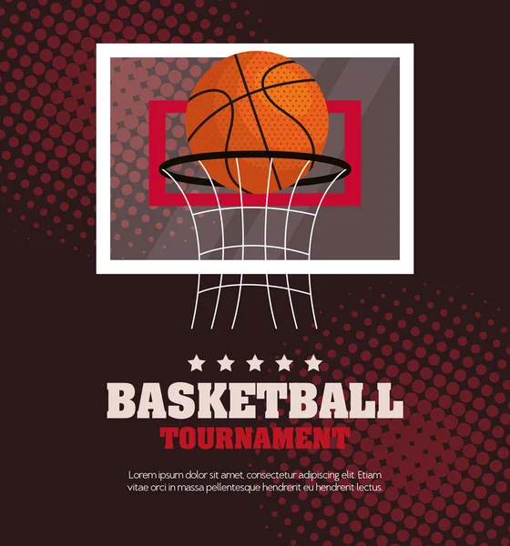 Torneio de basquete, emblema, design com bola de basquete e cesta de arco — Vetor de Stock