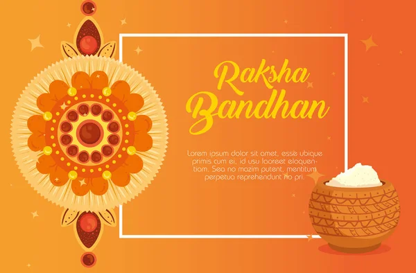 Ευχετήρια κάρτα με διακοσμητικό rakhi για raksha bandhan και σκόνη, ινδική γιορτή για τον αδελφό και την αδελφή γιορτή δεσίματος, η δεσμευτική σχέση — Διανυσματικό Αρχείο