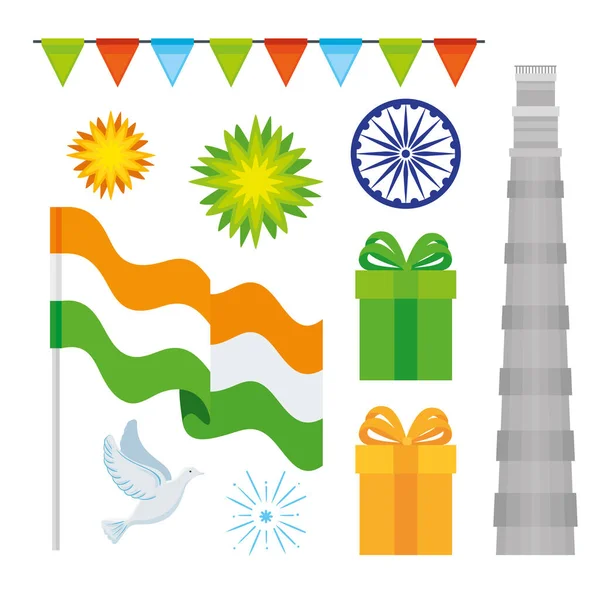 India independence day, 15th august, icons set traditional — Stock Vector