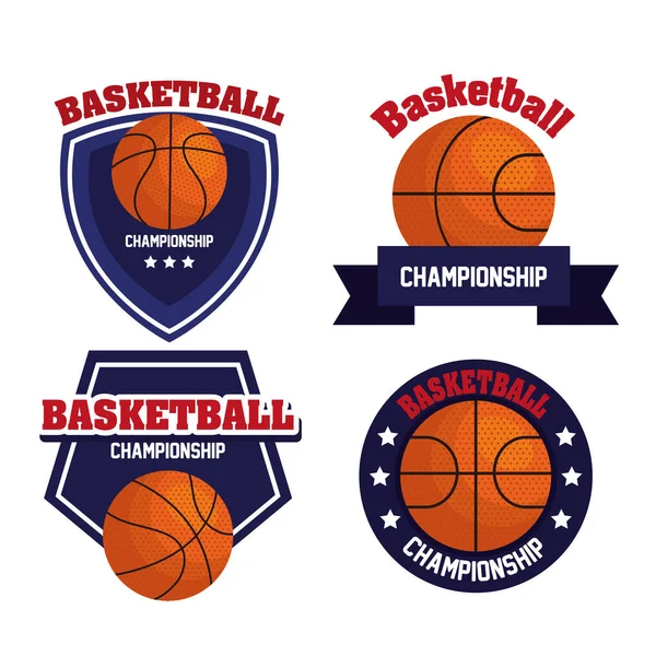 Conjunto de emblemas, campeonato de baloncesto de la liga, diseños con pelota de baloncesto — Vector de stock