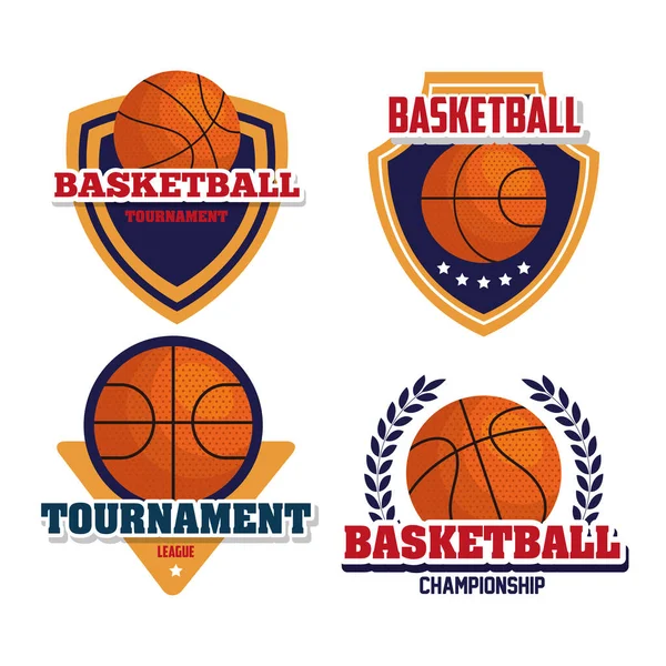 Conjunto de emblemas, campeonato de baloncesto de la liga, diseños con pelota de baloncesto — Vector de stock