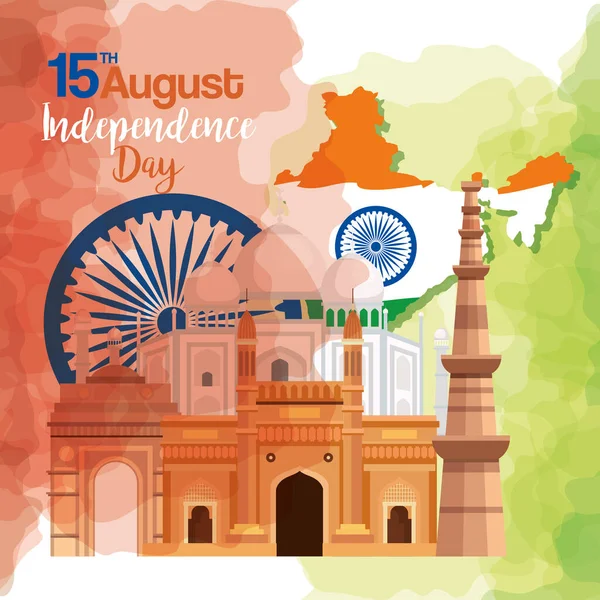 Slavné památky Indie v pozadí pro šťastný den nezávislosti, s mapou Indie a kola ashoka — Stockový vektor