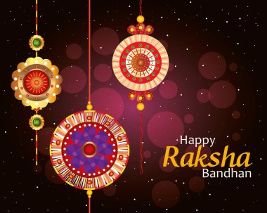 Raksha Bandhan için dekoratif rakhi seti olan tebrik kartı, kardeş bağlayıcı ilişki için Hint festivali.