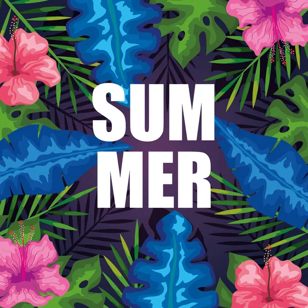 Zomer banner met bloemen en tropische bladeren achtergrond, exotische florale banner — Stockvector