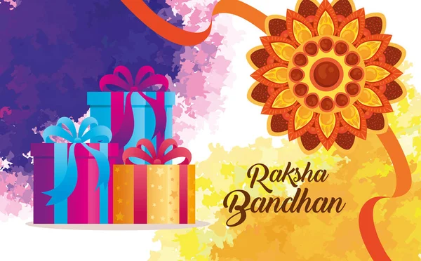 Ευχετήρια κάρτα με διακοσμητικό rakhi για raksha bandhan και κουτιά δώρων, ινδική γιορτή για τον αδελφό και την αδελφή γιορτή δεσίματος, η δεσμευτική σχέση — Διανυσματικό Αρχείο