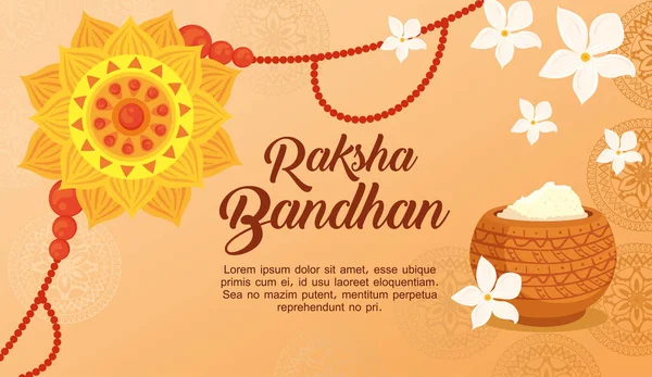 Tarjeta de felicitación con rakhi decorativo para raksha bandhan y polvo, festival indio para la celebración del vínculo hermano y hermana, la relación vinculante — Vector de stock