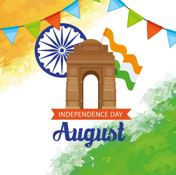 Индийский день независимости с ашока колесо украшения и знаменитый памятник — стоковый вектор