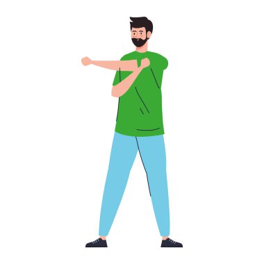 Adam esneme hareketleri yapıyor, spor egzersizleri yapıyor.