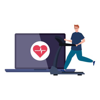 Fitness, antrenman ve egzersiz uygulaması, laptopta spor yapan adam, online spor