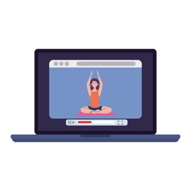 Online, yoga konsepti, kadın yoga ve meditasyon yapıyor, dizüstü bilgisayardan yayın izliyor.
