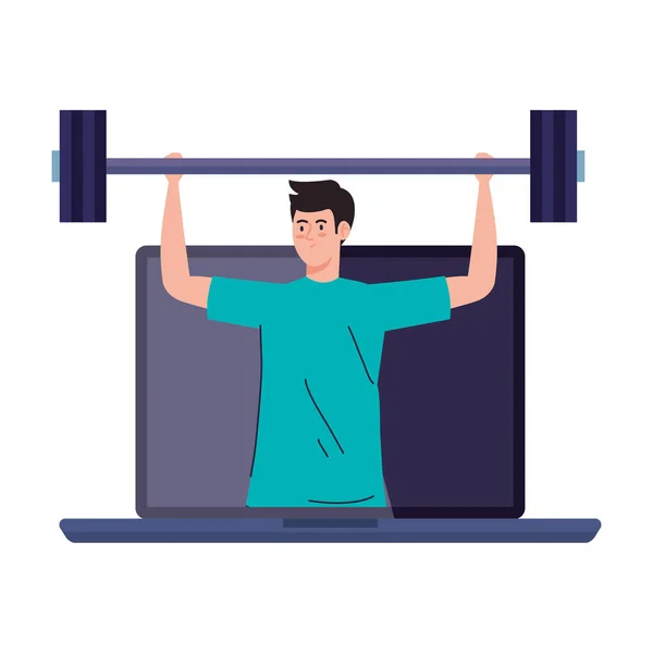 Fitness, Training und Workout App, Mann Sport im Laptop, Sport online — Stockvektor