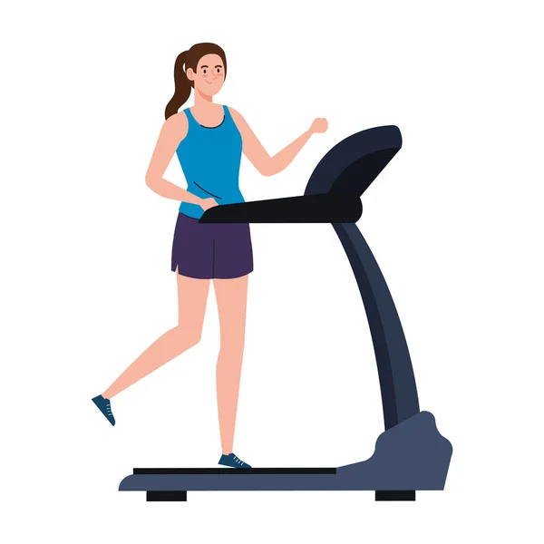 Esporte, mulher correndo em esteira rolante, pessoa do esporte na máquina de treinamento elétrico — Vetor de Stock