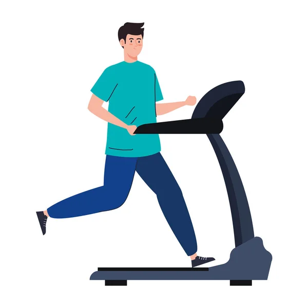 Sport, man running on treadmill, sport person at the electrical training machine — Stock Vector