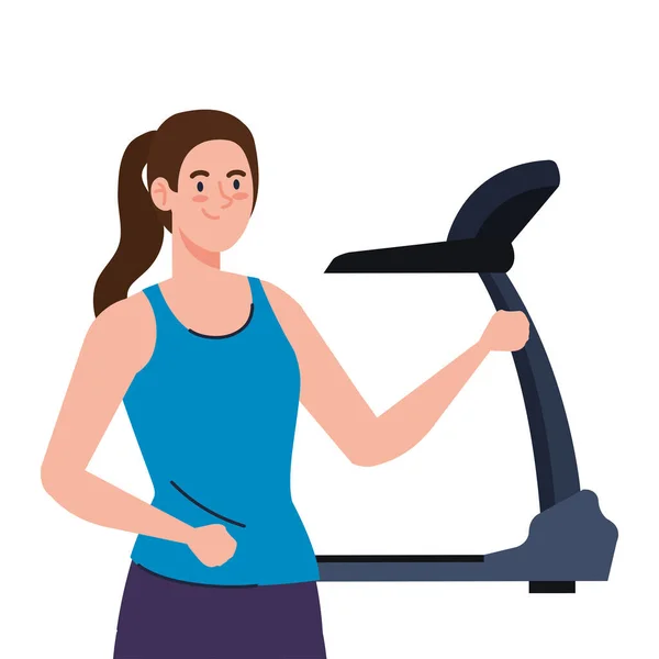 运动，带跑步机的妇女，带电动训练机的运动人员 — 图库矢量图片