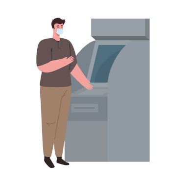 Sosyal uzaklık ve koronavirüs önleme 19, tıbbi maske takan adam, ATM kullanıyor.
