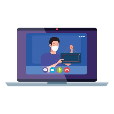 İnternet sitesinden ya da cep telefonundan alışveriş yapan, tıbbi maske takan, dizüstü bilgisayarında tabela olan, covid 19 'a karşı.