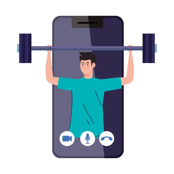 Fitness, antrenman ve egzersiz uygulaması, akıllı telefonda spor yapan adam, online spor — Stok Vektör