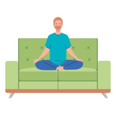 Adam kanepede oturup meditasyon yapıyor, yoga, meditasyon, rahatlama, sağlıklı yaşam tarzı.