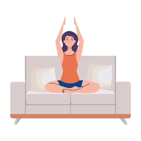 Donna che medita seduta sul divano, concetto di yoga, meditazione, relax, stile di vita sano — Vettoriale Stock