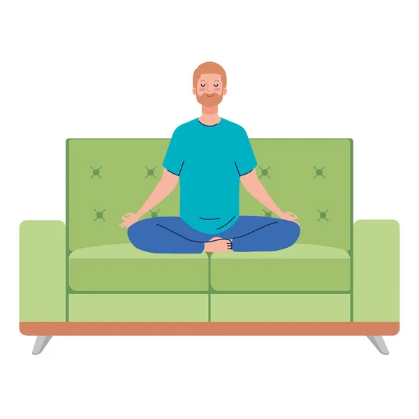 Hombre meditando sentado en sofá, concepto de yoga, meditación, relax, estilo de vida saludable — Vector de stock