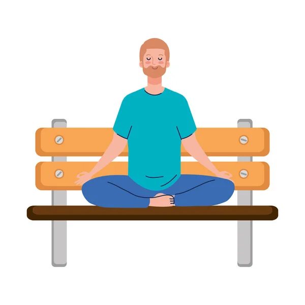 Adam meditasyon yapıyor. Tahta sandalyede oturuyor. Yoga, meditasyon, rahatlama, sağlıklı yaşam tarzı. — Stok Vektör
